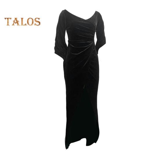 

Женское вечернее платье, обтягивающее, плиссированное, с открытыми плечами, разрезом, рукавами до локтя, для ежегодного симпозиума, свадьбы, выпускного вечера, макси-платья, бальное платье S чёрный