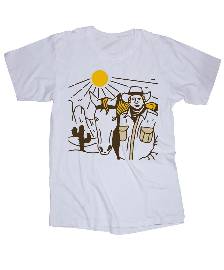Sunshine Horse and Cowboy white T-shirt Ranch Country Farm Desert