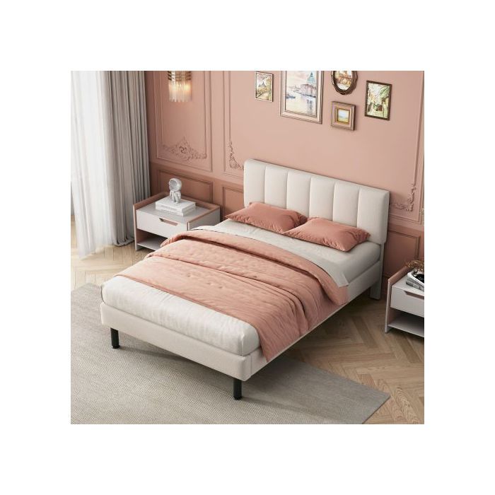 Lit - MUVOE - 140x190 - Tissu sherpa beige - Pieds en fer - Design simple
