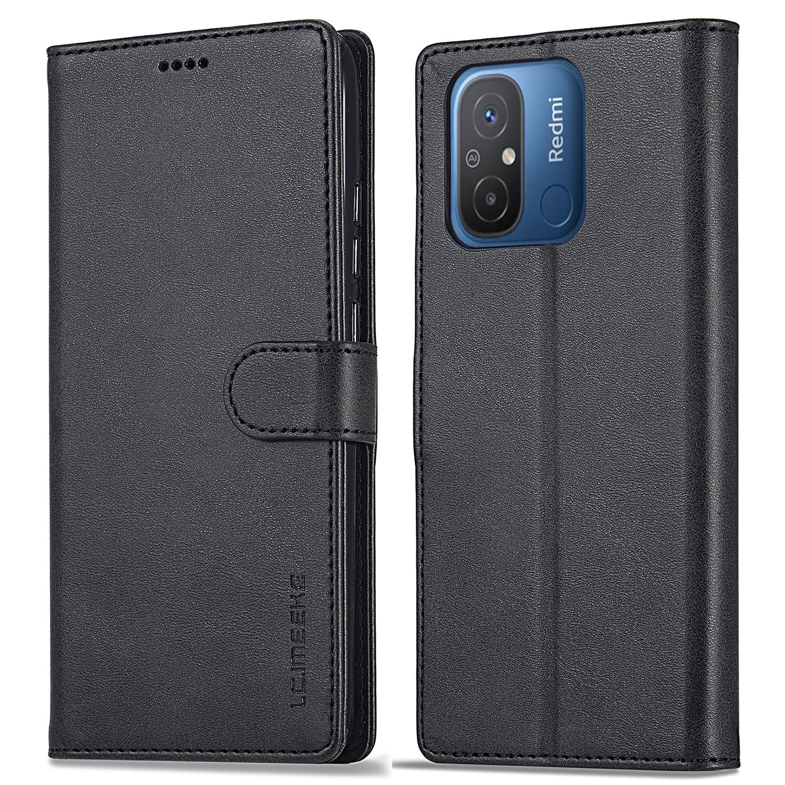 

LC.IMEEKE For Xiaomi Redmi 12C 4G/11A 4G Drop-proof Phone Case Calf Texture Wallet Stand Leather Cell Phone Cover Black