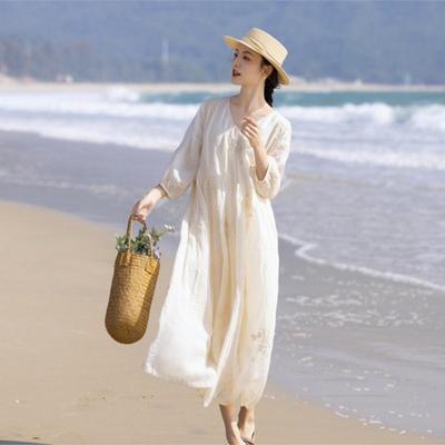 Woman Autumn Fashion Loose Embroidery V-Neck Casual Dress Chinese Style Long Sleeves Single Breasted Dress