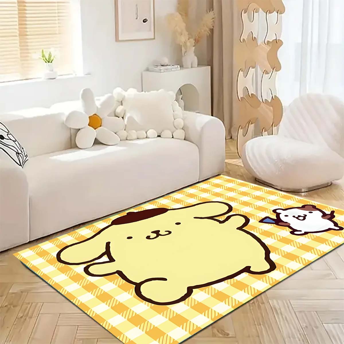 

Cute Pompom Dog print decorative rug, perfect for the bedroom, bedside, doorway, or living room as a housewarming gift. 60x90cm