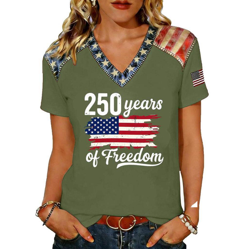 Haut T-shirt Pull Col en V Manches Courtes pour Femme avec Impression Drapeau Coupe Ample Décontracté Confortable Design Léger pour un Usage Quotidien