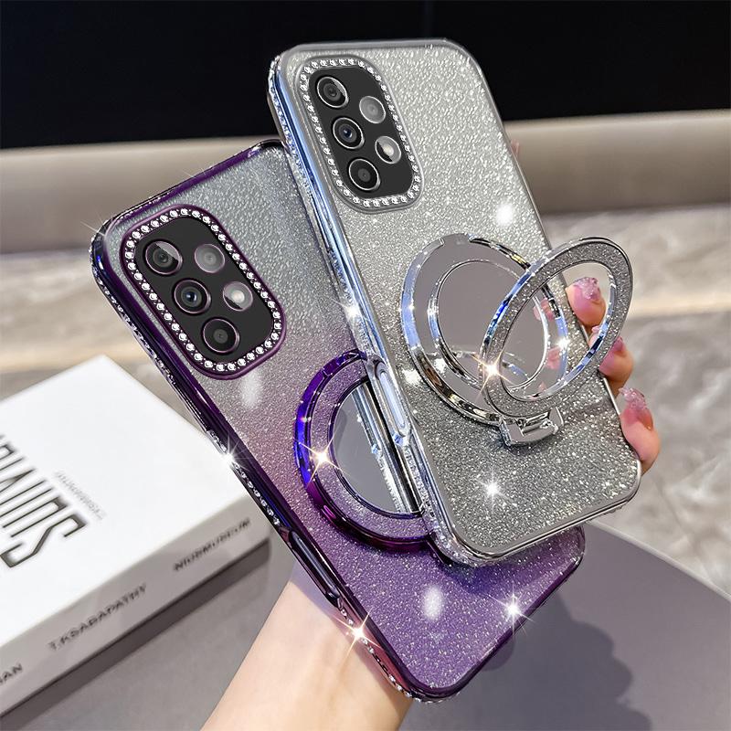 KEYSION Luxury Glitter Jewelled Magnetic Phone Case for Samsung Galaxy A52 S 5G A32 4G Makeup Mirror Stand Shockproof Back Cover