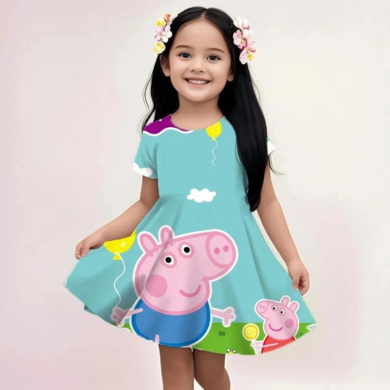 Peppa Pig Casual Sundress Girls Summer Cute Cartoon Print Loose Fit Soft Lightweight Breathable Dress