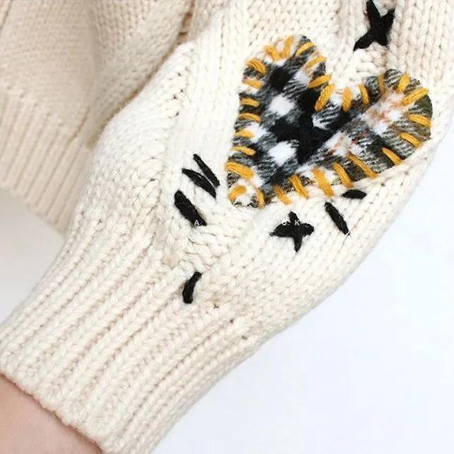 Herbst Winter Damen Lockerer Pullover Stickerei Gestrickte Strickjacke Damenpullover Warm Langarm Buchstabenprint Tasche Jumper Sgestrickter Pullover