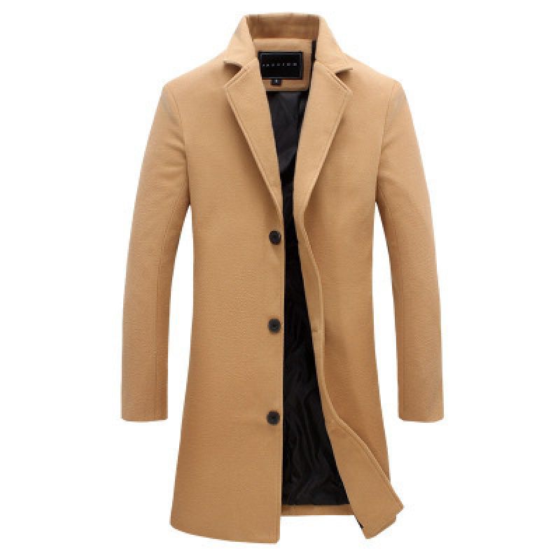 Mens Long Woolen Trench Coat Large Size Single Color Woolen Coat