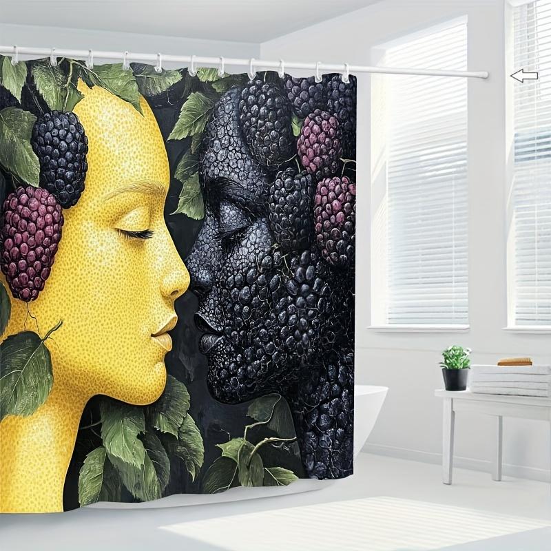 Golden Face & Berry Print Waterproof Shower Curtain For Bathroom, Unique Artistic Design High-End Toilet Partition Curtain