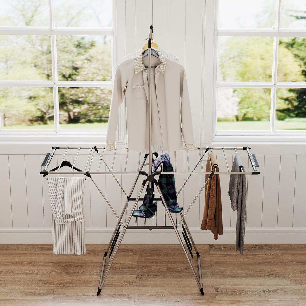 Foldable Clothes Airer, Standing Dryer with Adjustable Wings and Shoe Holders. Stainless Steel. 156.5 x 68 x 192 cm. Silver