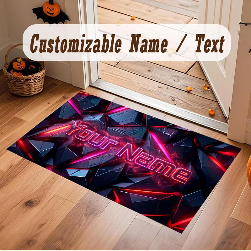 City Cyberpunk Theme Crystal Velvet Floor Rug Personalized Custom Name Text Warm Carpet Home Decoration