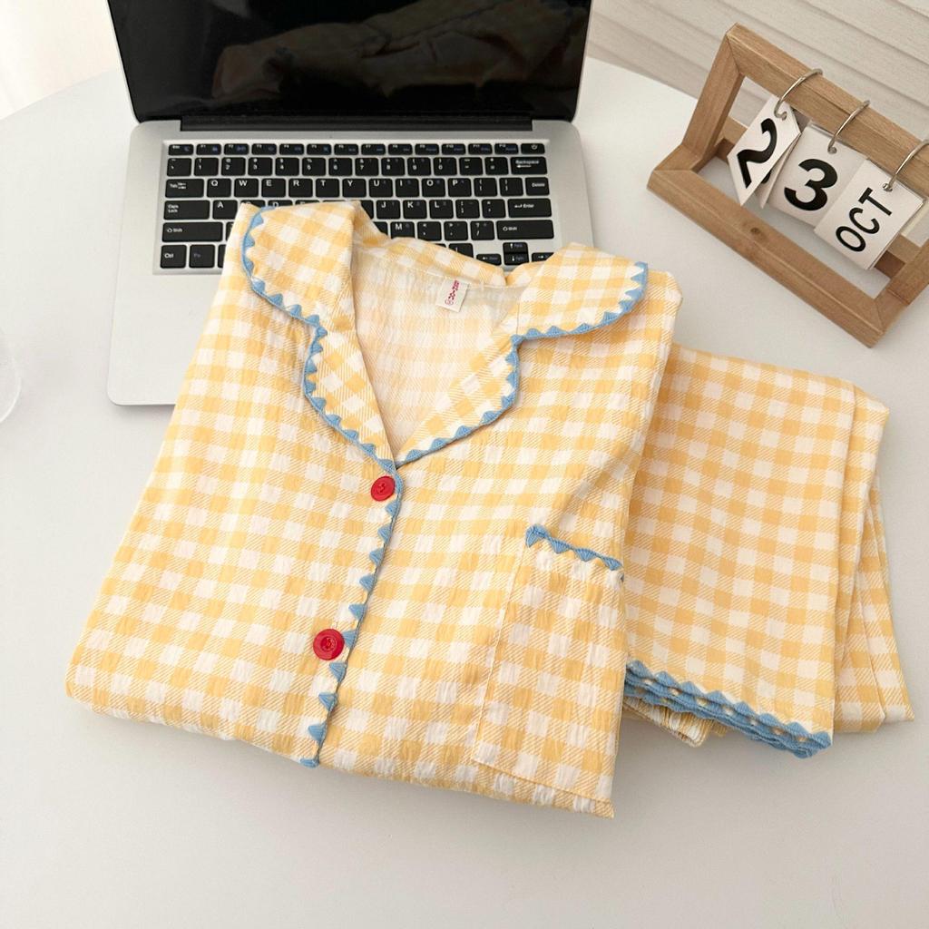 Yellow Plaid Shell-Edged Cloud Cotton Pajama Set for Women - Long Sleeve, Spring/Autumn Homewear with High-End Feel.