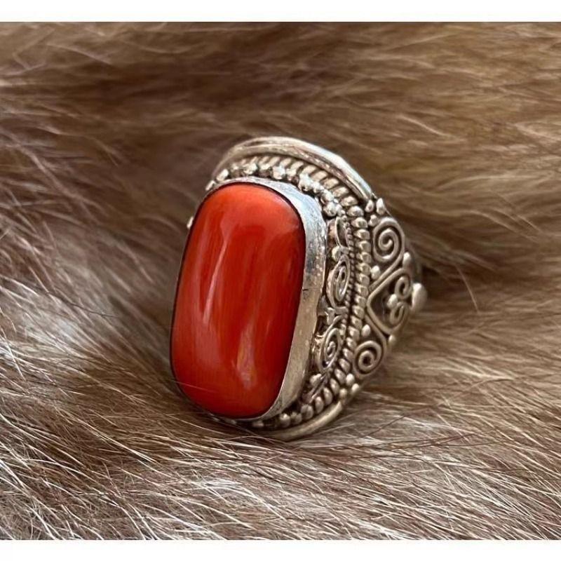 Xizang Mongolian Ethnic Element Simulation Coral Ring Women's Ring Open Index Finger Ring Men's Retro Simulation Gemstone