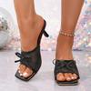 New Plus Size Mesh Bow Slim Heel Slipper for Women Summer Outside Square Toe High Heel Slip Slippers