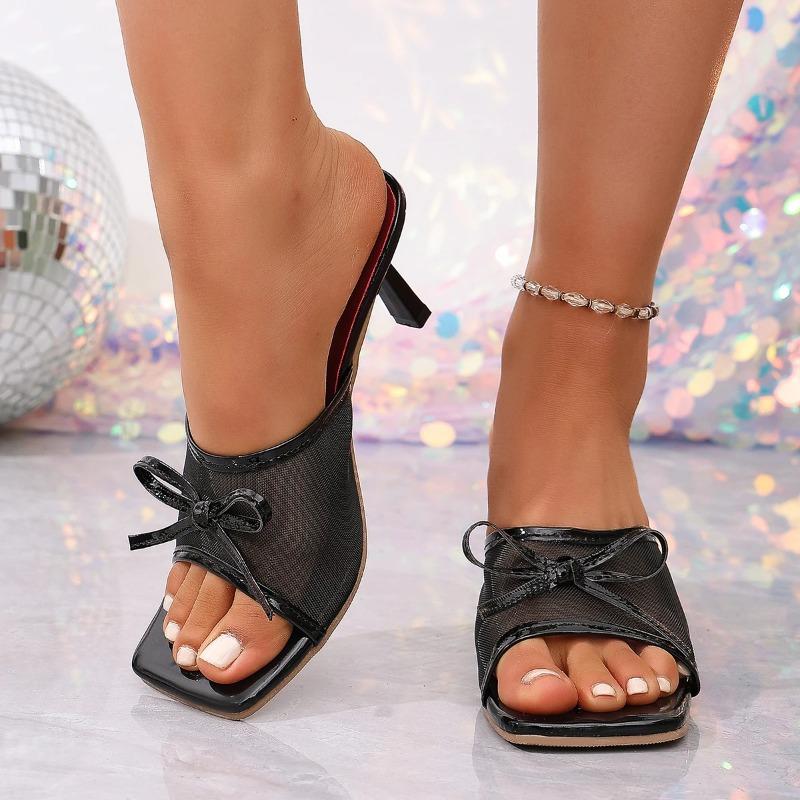 New Plus Size Mesh Bow Slim Heel Slipper for Women Summer Outside Square Toe High Heel Slip Slippers