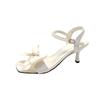 Summer Bow Open Toe Fashion Versatile Pearl One Strap Square Heel Shoes Women's Square Toe Non-Slip Sandals