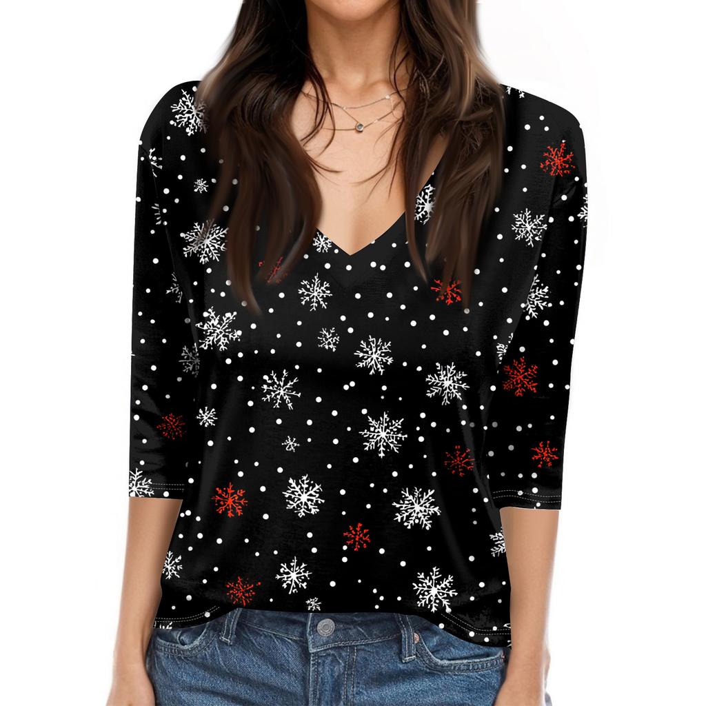 Women's T Shirt CHristmas Print 3/4 Sleeve Daily Weekend Fashion Basic V- Neck Regular Top