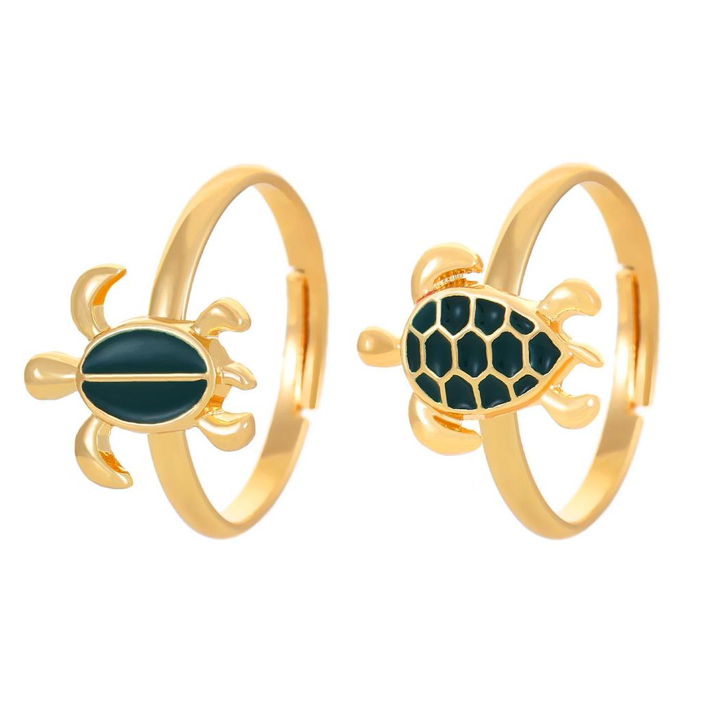Bohemian Ocean Resort-Style Retro Ring Set: Turtle & Starfish Design