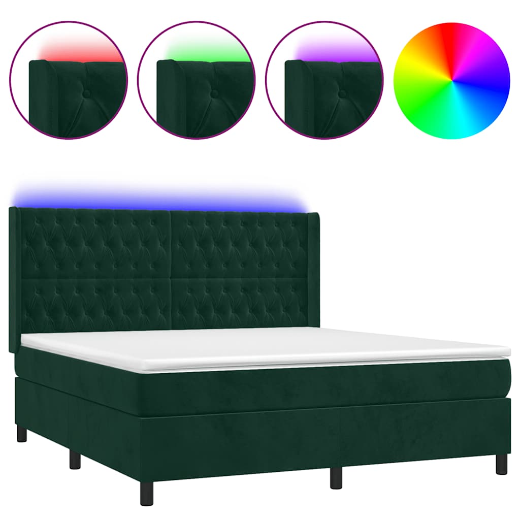 Box Spring Bed with Mattress & LED Dark Green 160x200 cm Velvet