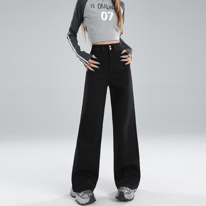 

High Waist Double-button Design Front Bag Wide-leg Pants Fashionable Slim and Slightly Elastic Retro Blue Drooping Jeans Floor Pants 2XL