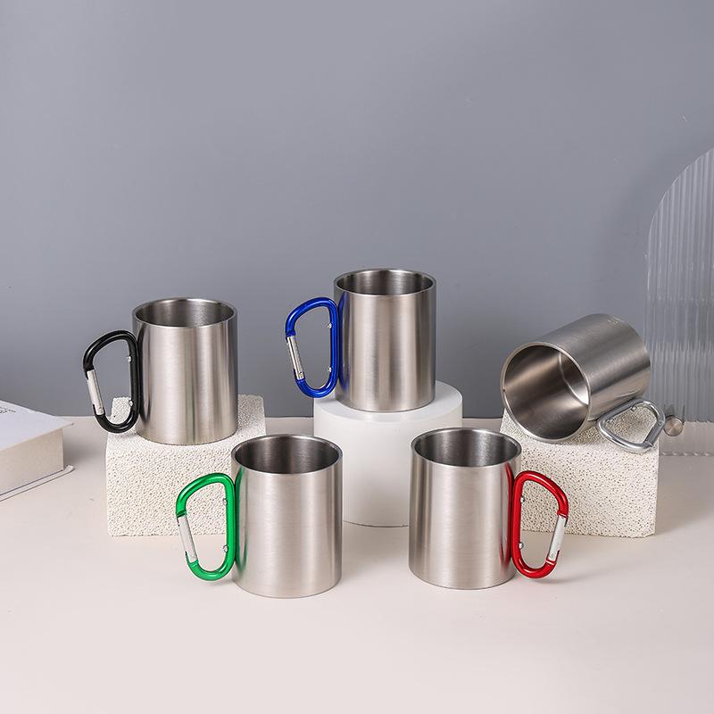 Stainless Steel Mountaineering Water Cup Button Coffee Camping Mug With Carabiner Handle Climbing Hiking Backpacking Travel Cups