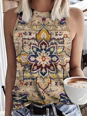 Vintage Stijl Tanktops Etnische 3D Print Dames Casual Zomer O-Hals Vest Off Shoulder Y2k Mouwloos Camisole Dames Top Kleding