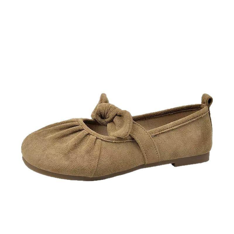 Folded Suede Bow Word with Shallow Mouth Single Shoes Spring New Gentle Fairy Style Casual Soft Sole Women's Shoes