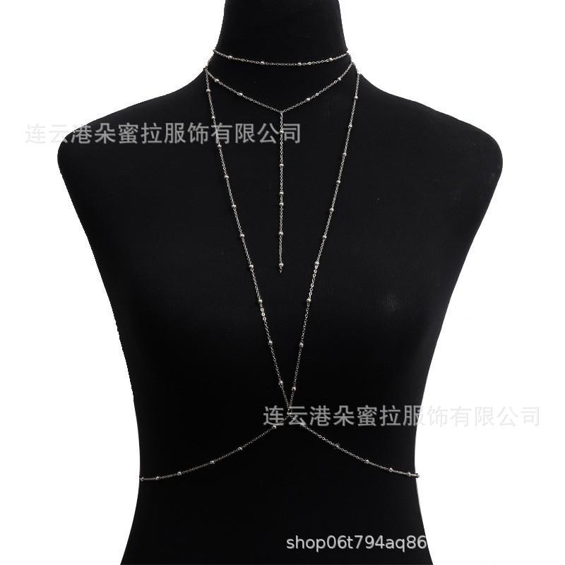 Cross-border Jewelry Body Chain European and American Sexy Exaggerated Beach Casual Flash Diamond Pendant Fringed Alloy Chest Chain
