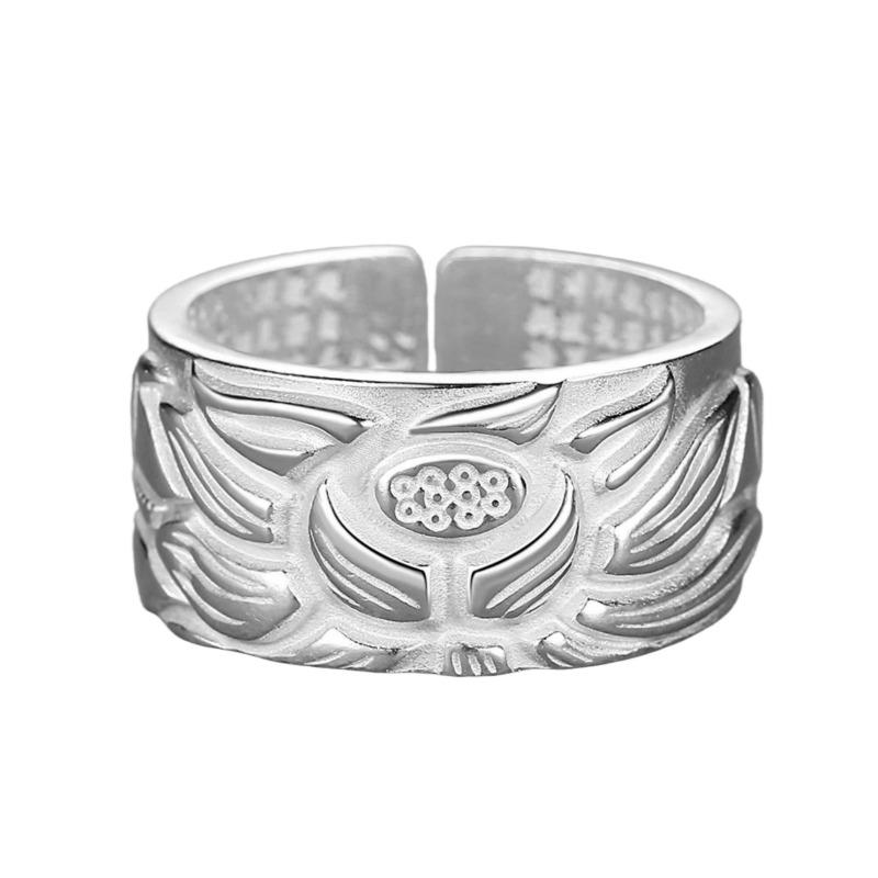 Thai silver black lotus heart sutra opening ring for men and women Silver vintage lotus novel wide silver ring ring