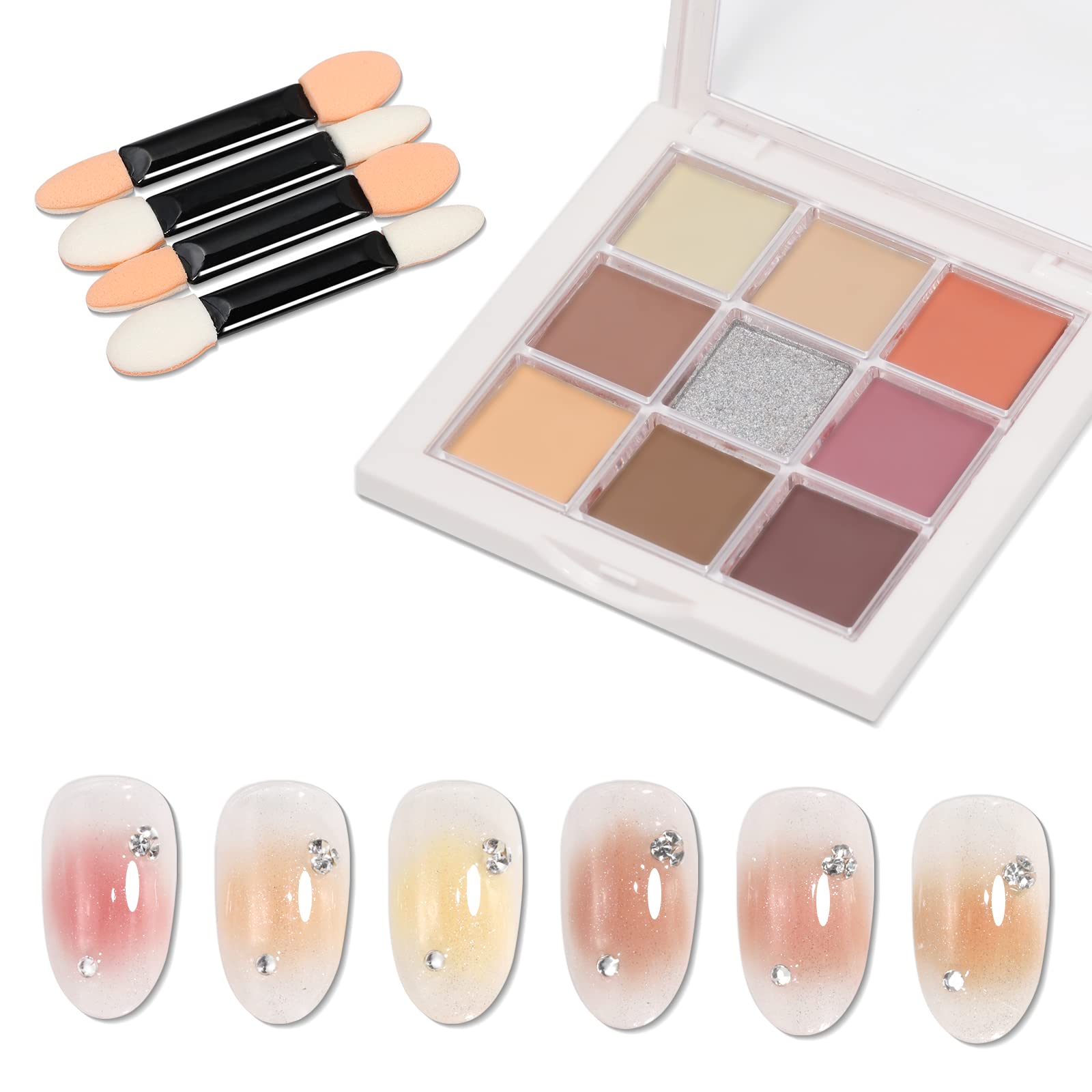 

Coikaze Gradient Nail Powder Nail nail color mirror nail metallic nail DIY nail gel gradient includes 4 sponge tips 9-Color Palette powder, powder,
