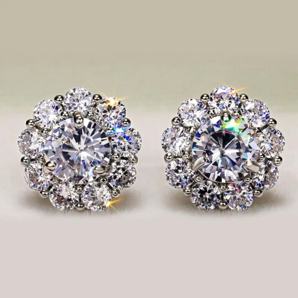Huitan Romantic Flower Shape Women's Stud Earring Dazzling Round Zirconia Crystal Versatile Accessories Female Statement Zircon