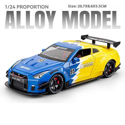 Carro Miniatura de Liga Metálica em Escala 1/24 Nissan GTR R35 Versão Modificada Carro Modelo em Escala de Metal Fundido Som e Luz Carro de Brinquedo Infantil Veículo Presente