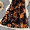 Spring Summer Women Elegant Vintage Print Elastic Waist Long Maxi Pleated Skirt Only Have One Size