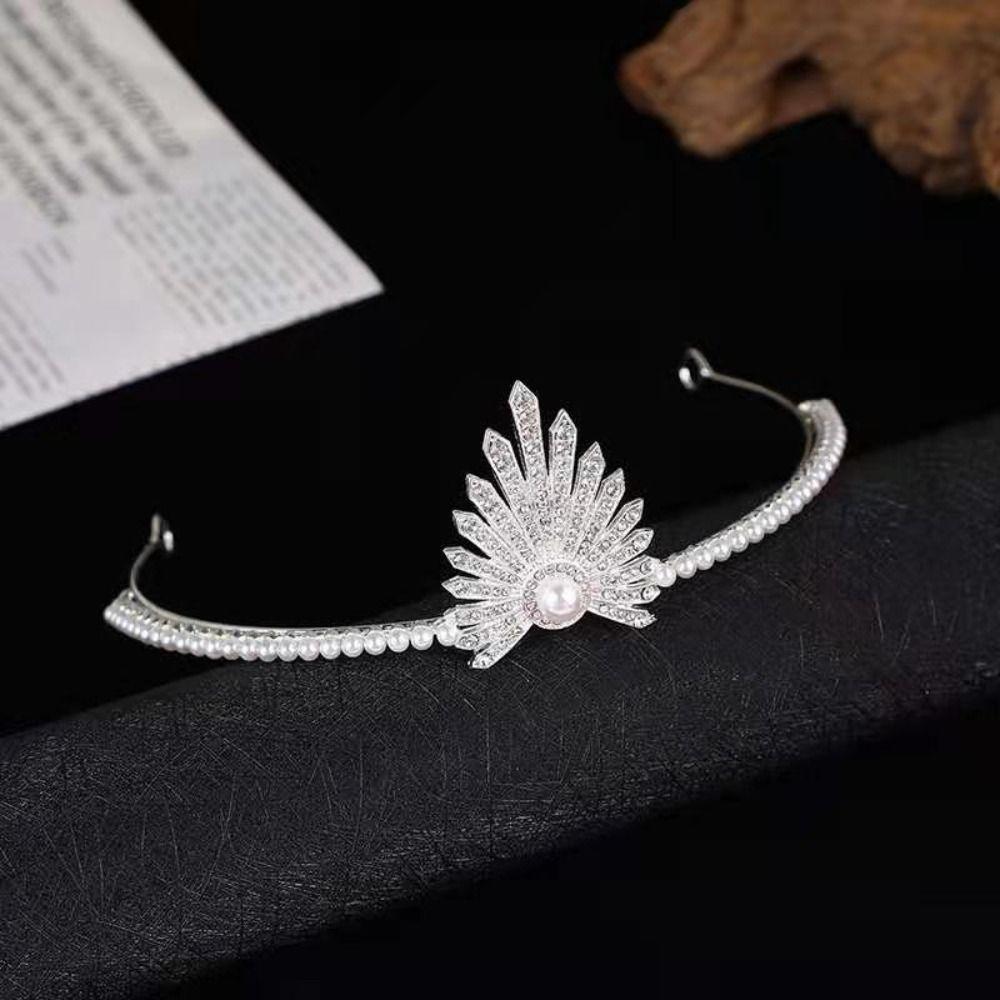 

Pearl Baroque Crystal Tiara Fan Shape Princess Hair Hoop Fashion Rhinestone Headband Wedding