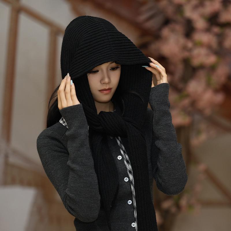 

Корейская шаль вязаная шапка зимняя теплая ветрозащитная капюшон для женщин чёрный