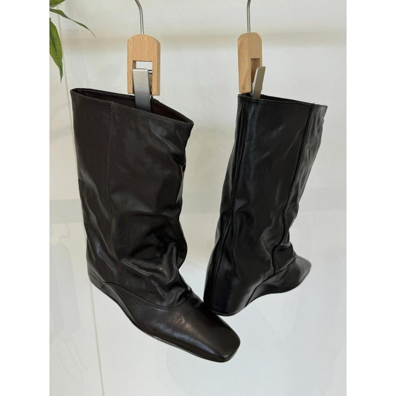 Cowhide~ Autumn and Winter New Inner Height Increase Cm Boots Square Head Loose Sleeve Medium Boots Women's Short Boots Fashion Knight Boots