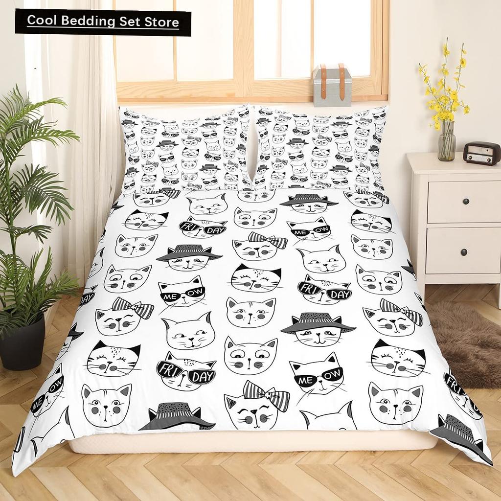 Cute Cat King Queen Duvet Cover Kitten Bedding Set Purple Floral Butterflies Polyester Quilt Cover Pet Animal Comforter Cover