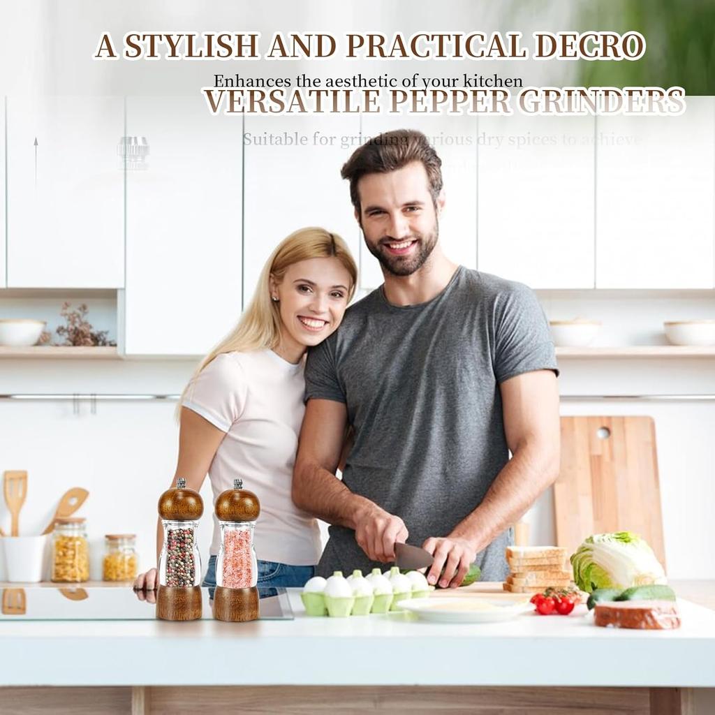 2 Pack Salt and Pepper Grinder Set, 6.7" Acrylic Salt and Pepper Mill Set with Adjustable Coarseness, Wooden Pepper Grinders Manual Slat Shakers