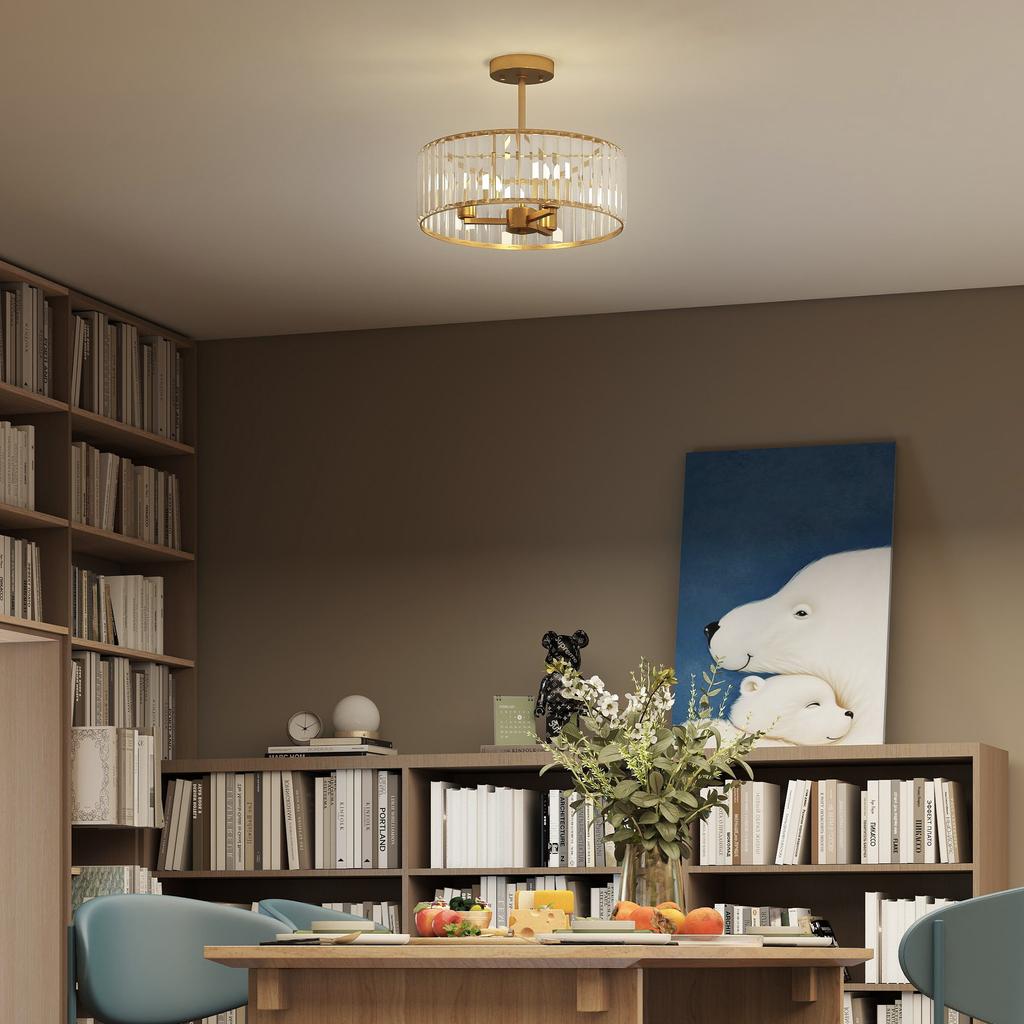 Ceiling Lamp, Chandelier Design, Crystal Shade, 3 Light Bulbs, Metal, Gold-Colored