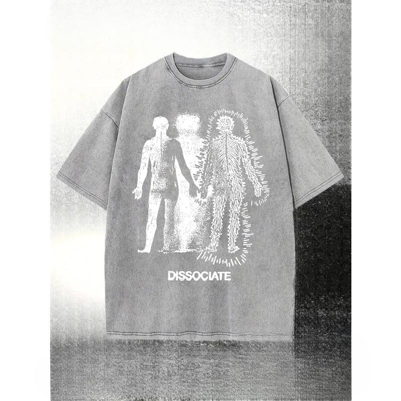 European Sizes Men's Washed T-Shirt with "DISSOCIATE" Dissociative Portrait Design - Loose Fit Vintage Distressed Style, Summer Round Neck Tee