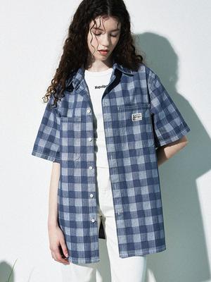MAGOODGAN Labor 2904 Apron Check Overfit Indigo Short Sleeve Shirt