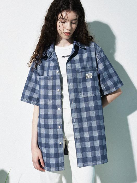 MAGOODGAN Labor 2904 Apron Check Overfit Indigo Short Sleeve Shirt L