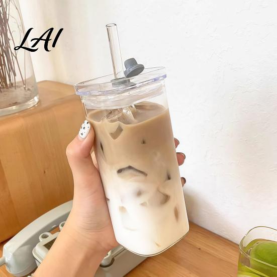 Elegant Glassware for Wedding Gifts Glass Cup with Lid And Straw Square Clear Borosilicate Heat Resistant Kitchen Tumbler Portable Drinking
