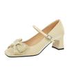 Thick Heel Medium Heel Single Shoes Women's Rhinestone Bow Versatile Satin One-word Buckle Strap Square Head Mary Jane Shoes
