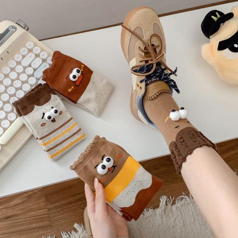 1 Paire Chaussettes Expressions Automne Hiver Pour Femmes Filles Chaussettes Créatives Mi-Mollet Chaussettes Drôles Mi-Mollet Chaussettes en Coton 3D Grands Yeux