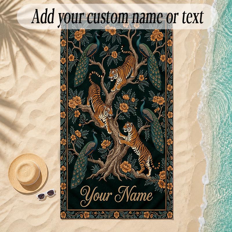 Leopard Theme Soft Beach Towel Personalized Custom Name Text Towel Portable for Beach Pool Travel