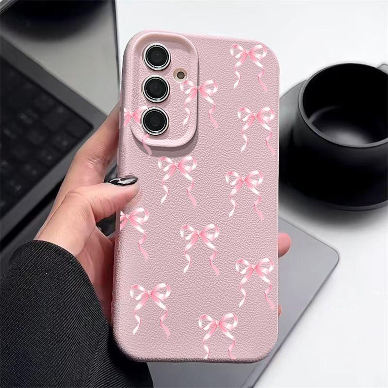 Bowknot Pattern Slim Matte Phone Case For Samsung S25 S24 FE S23 Ultra S22 A36 A56 A16 A55 A26 A35 TPU Leather Texture Soft Shockproof Bumper Cover