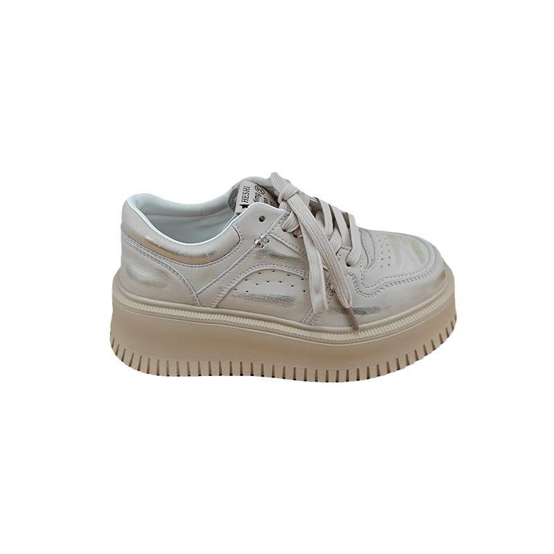 Leather Thick-soled Small Man Increases Height and Makes Old Little White Shoes for Women's 2025 New Versatile, Lightweight and Not Tiring Casual Bo