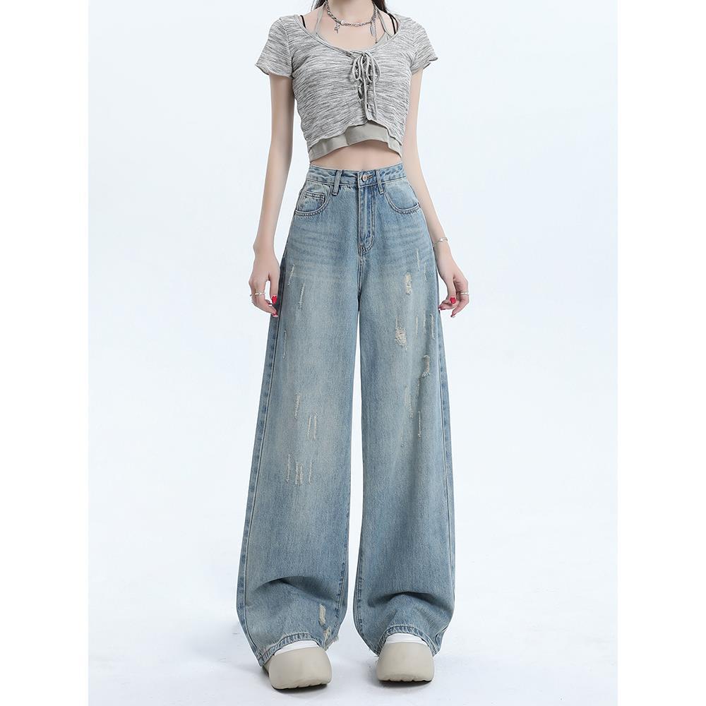 Womens 2025 Summer Retro Wide-Leg Distressed Jeans - Plus Size, Floor-Length, Loose Fit M
