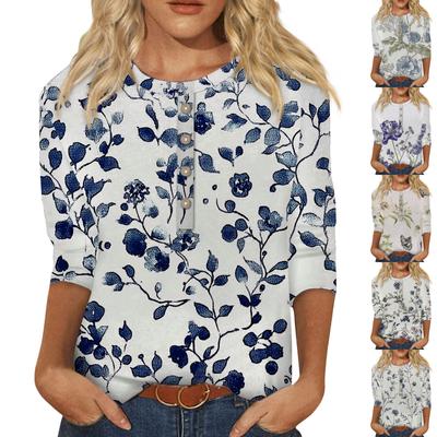 Damenmode, lässig, 3/4-Ärmel, Blumenmuster, Knopfleiste, Rundhalsausschnitt, Pullover, Oberteil, Freizeitkleidung