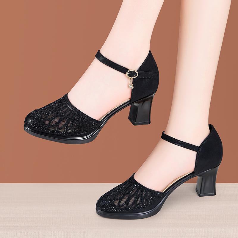 Women Closed Toe Sandals Women's Hollow Rhinestone 5CM/7CM Chunky Heel Shoes Hollow Mesh Mom High-heeled Shoes
